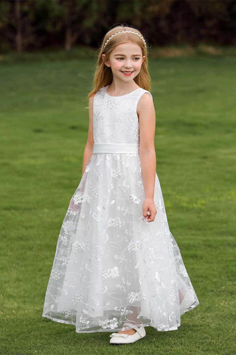 A-Line Illusion Neck Tulle Maxi Flower Girl Dresses 850572630797 - COCOMELODY